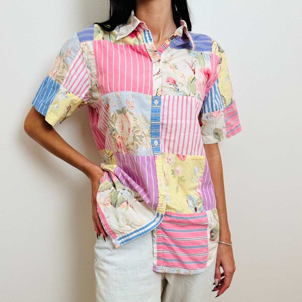 Vintage Ralph Lauren Patchwork Button-Up Shirt Floral Striped Boho